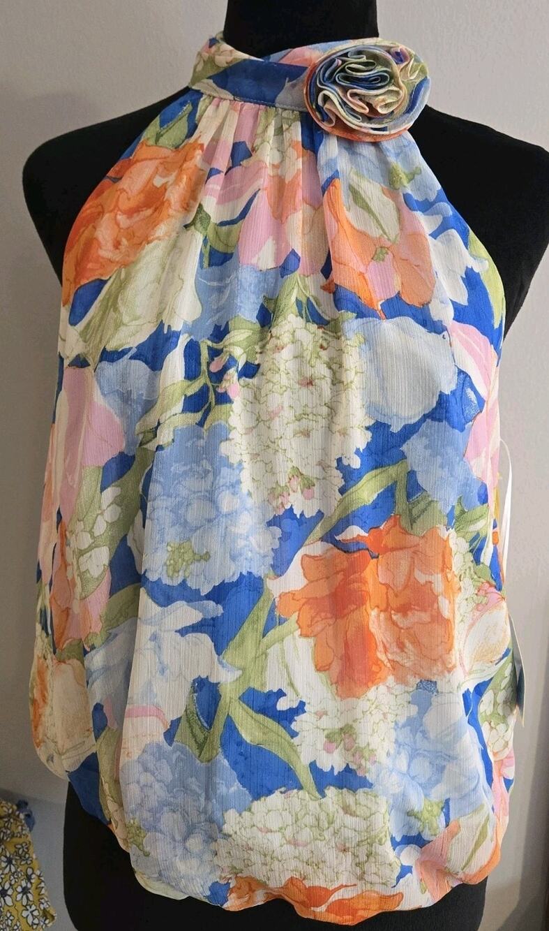 CeCe Floral Halter Neck Blouse with Rosette Detail XS Blue Orange Pink